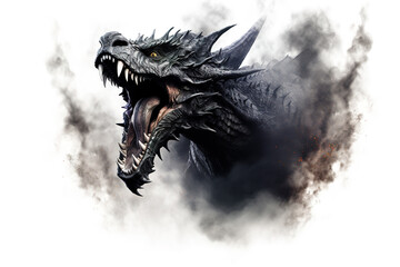 Wall Mural - Image of a drargon and black smoke on white background. Mythical creatures. Animal.