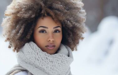 Poster - A beautiful young woman with afro hair in the snow. Generative AI.