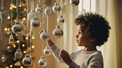 Poster - A young boy is looking at ornaments hanging from a string. Generative AI.