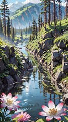 Canvas Print - A beautiful view in the middle of a forest filled with colorful flowers with a fast flowing river. beautiful forest wallpaper with anime style