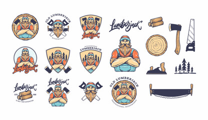 Old retro vintage lumberjack and woodworks vector set illustration. Carpentry craftsman or carpenter tools emblem.