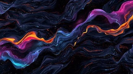 Wall Mural - black background adorned with neon-colored geometric wave shapes, featuring dark blue, purple, and black hues