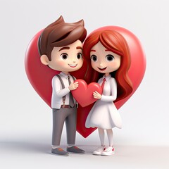 Wall Mural - Cute couple holding red heart love 3d cartoon, lover, 3D icon, kawaii, minimalism, character design, 3D iconic, 3D illustration, white background with generative ai