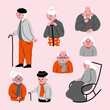 An old person who feels lonely. Elderly Health Problems, Loneliness, Senility, Fatigue, Tiredness. Cartoon People Vector Illustration
