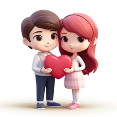 Wall Mural - Cute couple holding red heart love 3d cartoon, lover, 3D icon, kawaii, minimalism, character design, 3D iconic, 3D illustration, white background with generative ai