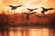 A Group Of Storks Was Flying In The Afternoon, Just Before Sunset