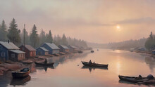 Frame Art, TV Art, Fishing Village View, Boat On The River, Vintage Oil Painting, Printable Digital Art