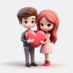 Wall Mural - Cute couple holding red heart love 3d cartoon, lover, 3D icon, kawaii, minimalism, character design, 3D iconic, 3D illustration, white background with generative ai