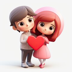 Wall Mural - Cute couple holding red heart love 3d cartoon, lover, 3D icon, kawaii, minimalism, character design, 3D iconic, 3D illustration, white background with generative ai