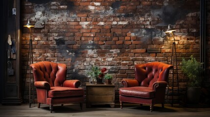 Industrial backdrop. Empty room with leather sofa and a brick wall behind it.