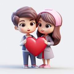 Wall Mural - Cute couple holding red heart love 3d cartoon, lover, 3D icon, kawaii, minimalism, character design, 3D iconic, 3D illustration, white background with generative ai