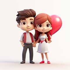 Wall Mural - Cute couple holding red heart love 3d cartoon, lover, 3D icon, kawaii, minimalism, character design, 3D iconic, 3D illustration, white background with generative ai