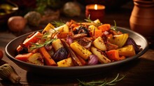 A Symphony Of Autumnal Flavors Awaits As Roasted Root Vegetables Take Center Stage. Enchanting With Their Deep Caramel Hues, Forktender Carrots, Earthy Tur, And Rustic Orange Acorn Squash