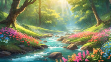 A Beautiful View In The Middle Of A Forest Filled With Colorful Flowers With A Fast Flowing River. Beautiful Forest Wallpaper With Anime Style