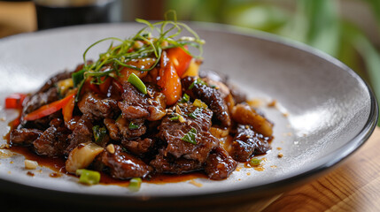 Canvas Print - Stir fried house aged picanba of beef with oyster sauce