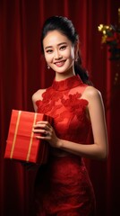 Wall Mural - A Chinese bride, Wearing a red bridal dress, Holding a big gift box in his hand, With a smile, A red background, A festive atmosphere, Movie shot, Movie lighting with generative ai