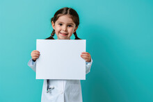 A Happy Kid In Doctor Suit Hold A Blank Sign On Pastel Blue Background