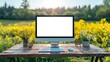 © Andy Sarmiento - Mockup of computer monitor on desk in a meadow at sunrise, AI-generative