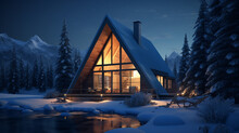 A Beautiful Minimalist Snowy Cabin At Night 3D Rendering