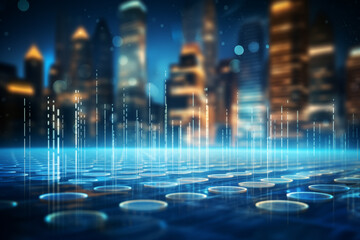 An abstract modern technology theme is presented with a futuristic hologram of digital technological economic trends with financial investment trading AI Generation