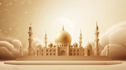 Wall Mural - 3d illustration of Eid Mubarak background with mosque and moon in the sky.