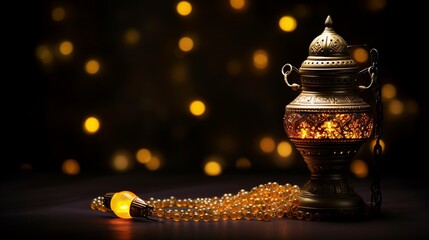 Canvas Print - Beautiful Ramadan Kareem lantern on dark background with blurry lights.