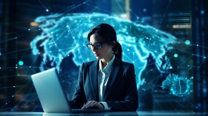 A programmer with a computer in a blue digital interface , programmer, computer, blue digital interface
