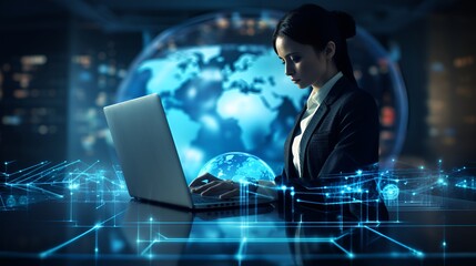 A programmer with a computer in a blue digital interface , programmer, computer, blue digital interface