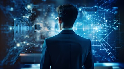 A programmer with a computer in a blue digital interface , programmer, computer, blue digital interface