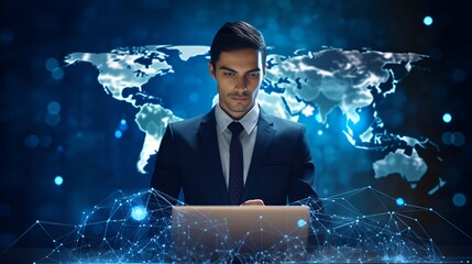 A programmer with a computer in a blue digital interface , programmer, computer, blue digital interface