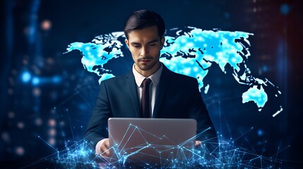 A programmer with a computer in a blue digital interface , programmer, computer, blue digital interface