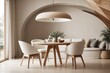 Japandi interior home design of dining room with beige chair and wooden round dining table