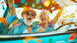 © Krittamet - Happy senior couple having fun driving enjoying vacations trip together, Lifestyle road trip travel, colorful with warm light, empower and joyful life concept