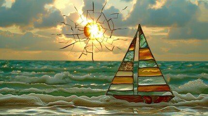 Wall Mural - sea and sun on a background of waves, blend in the style of stained-glass and photography, backdrop wallpaper