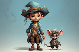 Cute little boy dressed as a pirate with a mouse on a blue background