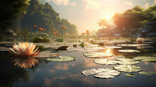 Tranquil Pond With A Single Lotus The Water Surface A Mirror To The Quietude Of Nature 3D Rendering