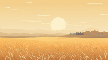 Wall Mural - A flat illustration of a minimalist wheat field, the golden stalks a pattern of lines and waves