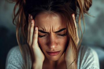 Wall Mural - woman with migraine or headache holding her head due to pain, generative Ai