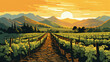 An earth toned illustration of a simple vineyard scene, rows of vines leading to peaceful horizon