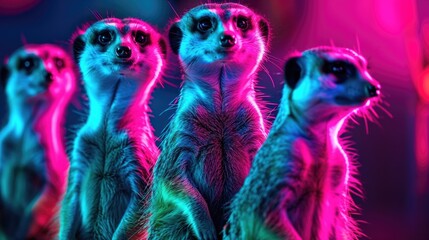 Wall Mural - A group of neon meerkats standing on their hind legs their curious eyes shining in the fluorescent light