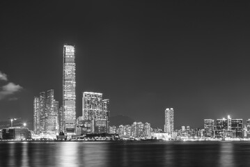  Panorama of skyline of Victoria harbor of Hong Kong city at night