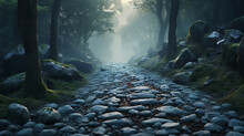 A Pebble Strewn Path Leading Through Misty Forest, Cool Color Palette Sense Mystery. 3D Rendering