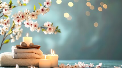 Concept of a spa beauty treatment background with calming and relaxing elements such as candles, massage stones, and aromatic flowers