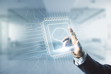 Wall Mural - man hand working with virtual creative artificial intelligence hologram with human brain sketch on b