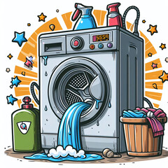 Vector illustration of a washing machine with detergents and soap.