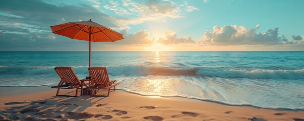 Wall Mural - Landscape of beach with chair overlooking sea sand blending into sky in summer blue vacation by water edge in tropic ocean coast forming paradise with seascape view island travel embracing nature