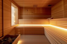 Empty Finnish Sauna Room Modern Interior Of Wooden Spa Cabin With Dry Steam.
