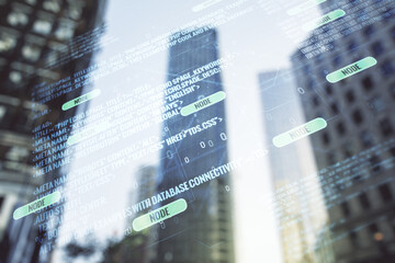Wall Mural - double exposure of abstract programming language interface on modern skyscrapers background, researc
