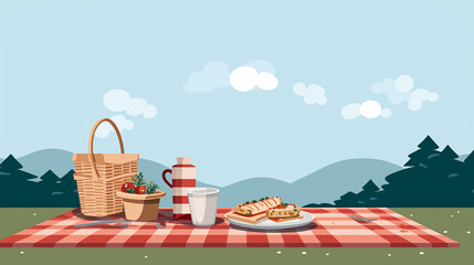 A flat design of a minimalist picnic scene with a checkered blanket and a simple basket