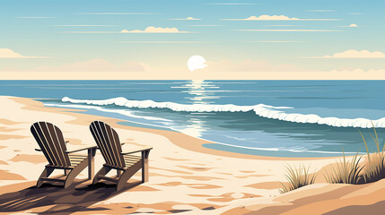 Wall Mural - illustration of clean uncluttered beach scene where the horizon meets the sea in a soothing palette